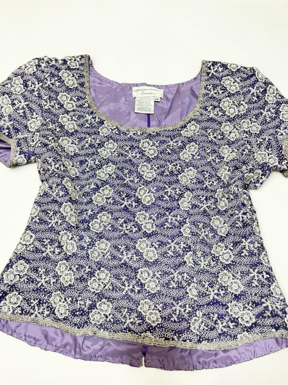 Vintage Silk Beaded Top Purple 90s Evening Glam Sequins Floral Lilac Size 12
